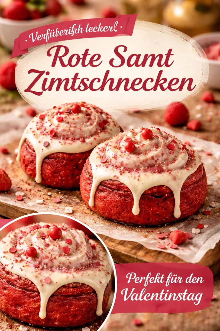 Rote Samt Valentinstag Zimtschnecken auf einer rustikalen Holzplatte