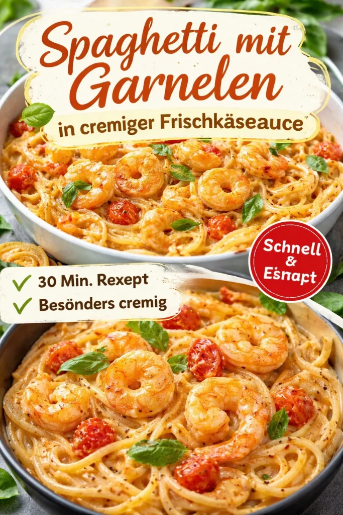 Spaghetti mit Prawns in cremiger Käsesauce auf einem Teller serviert