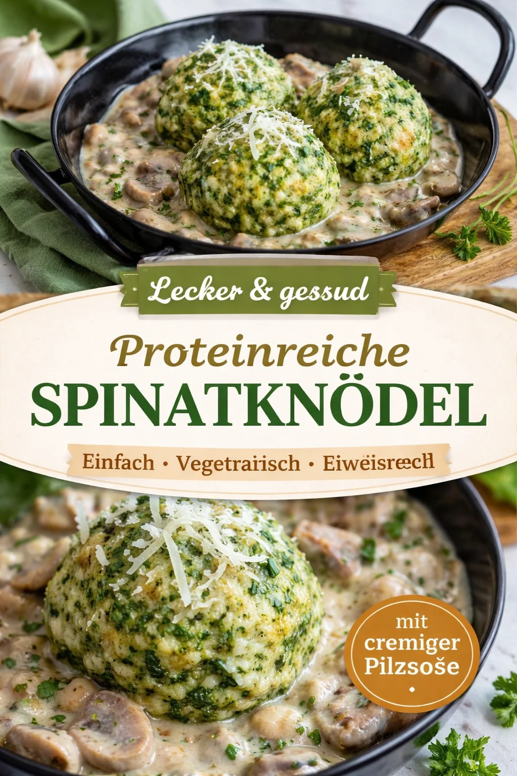 Spinatknödel mit Champignonsoße auf einem Teller serviert.