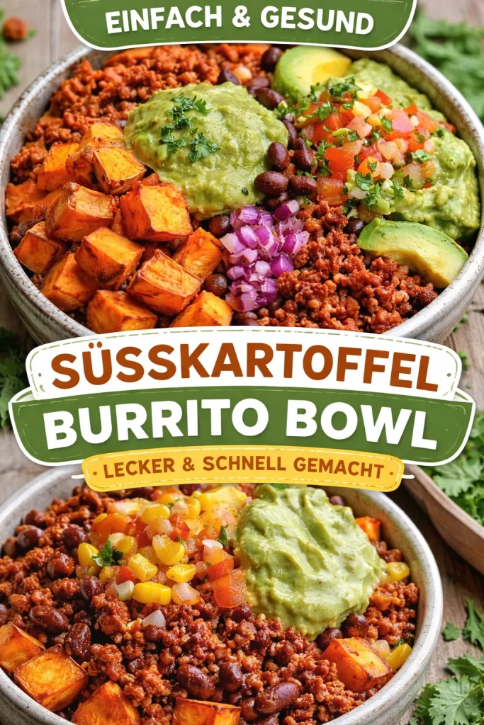 Süßkartoffel Burrito Schüssel mit frischen Zutaten und reichhaltigen Aromen