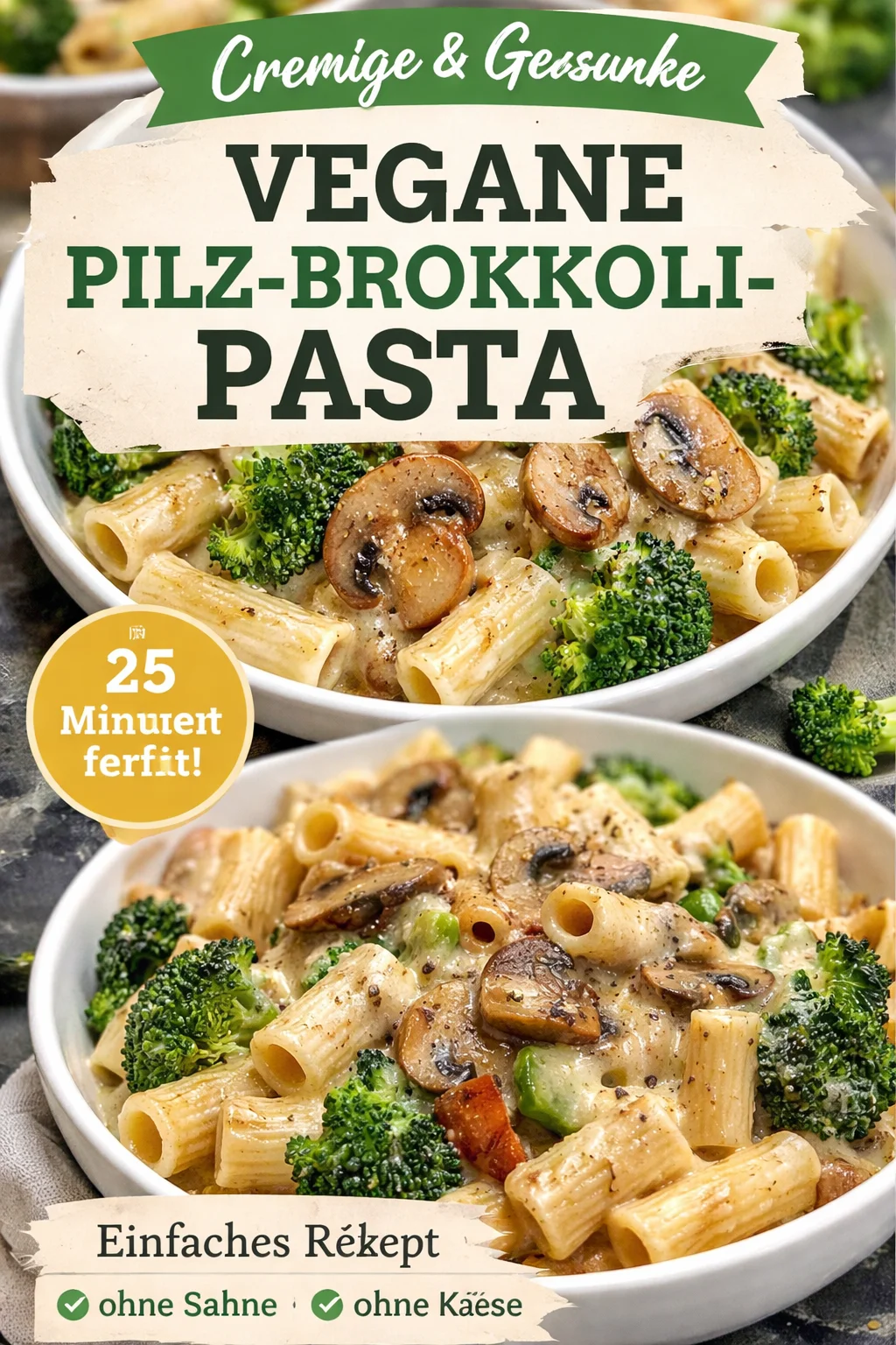 Vegane Pilz-Brokkoli-Pasta mit frischem Gemüse und aromatischen Gewürzen.