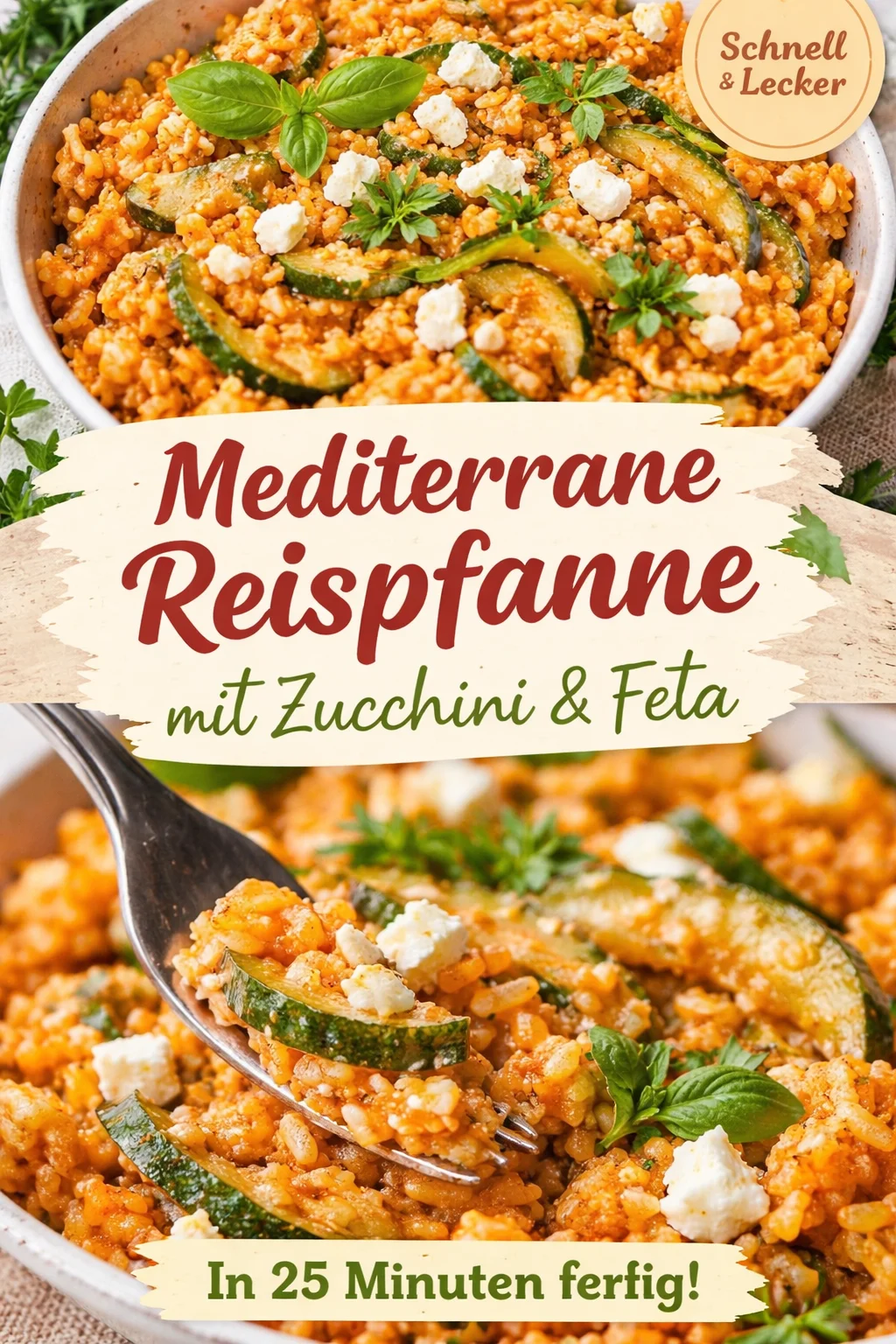 Zucchini Reis Pfanne mit Feta auf einem Teller angerichtet