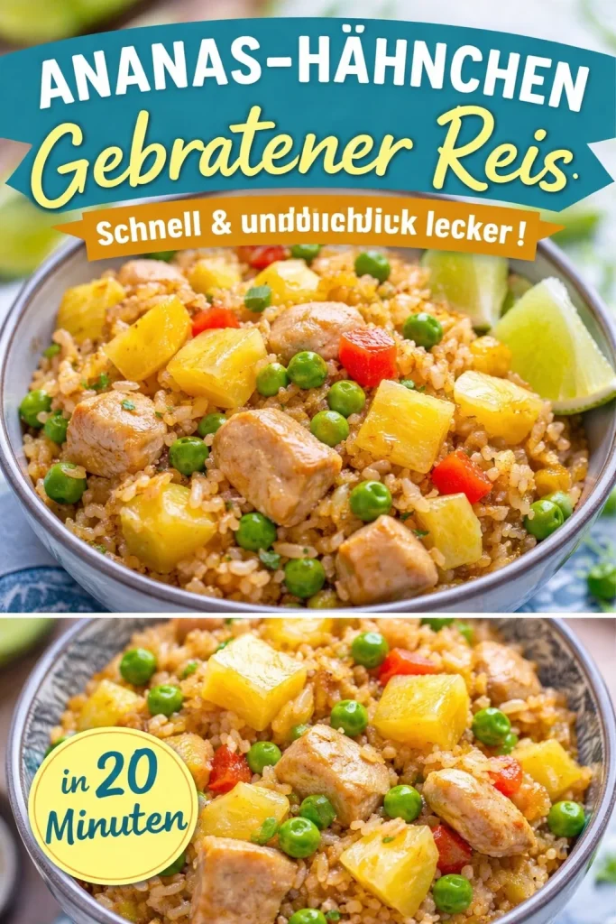 Ananas-Hühnchen-Pfannengericht mit frischen Zutaten auf einem Teller serviert.