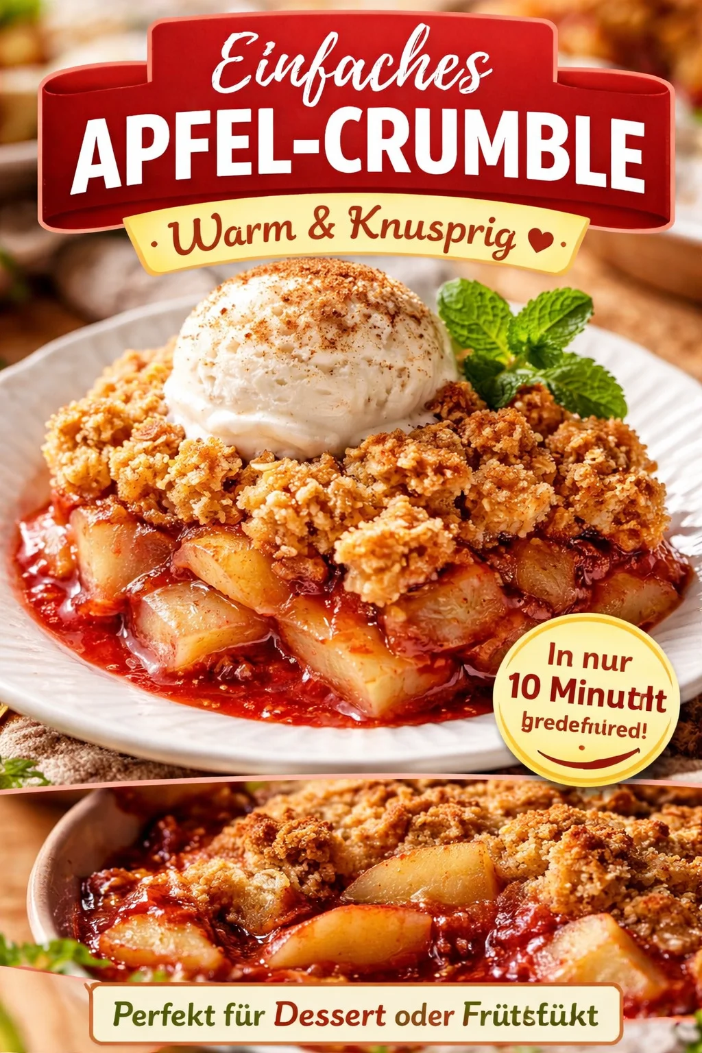 Leckeres Apfel Crisp Dessert mit goldbraunen Äpfeln und knuspriger Haferkruste