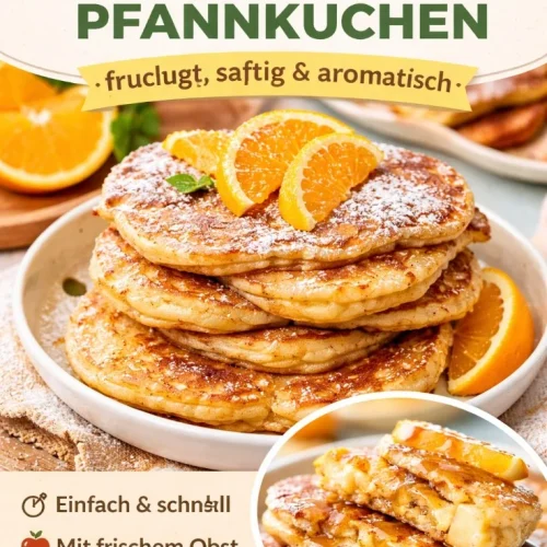 Leckere Apfel-Orangen-Pfannkuchen serviert mit frischem Obst