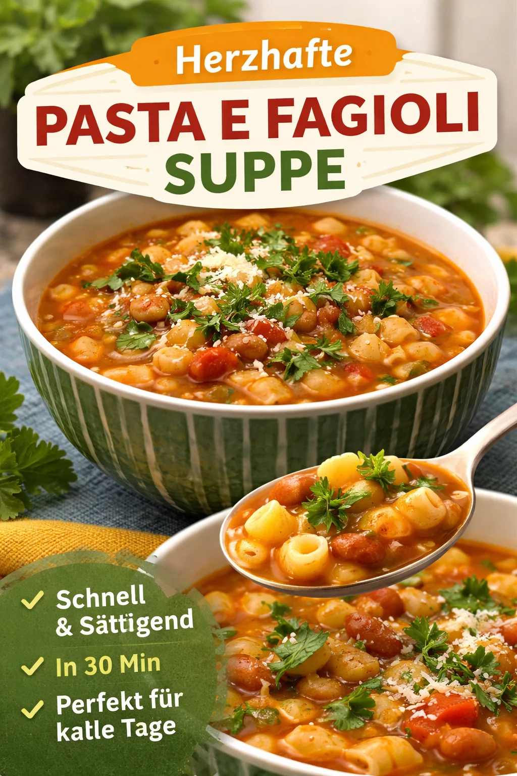 Authentische italienische Pasta Fagioli Suppe in einer Schüssel, garniert mit frischen Kräutern.