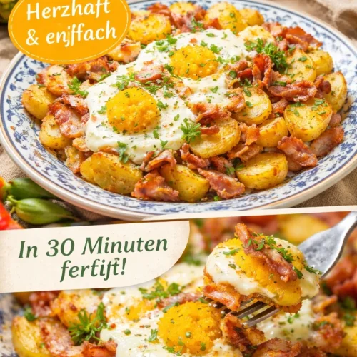 Herzhaftes Bauernfrühstück nach DDR-Rezept mit Eiern und Kartoffeln.