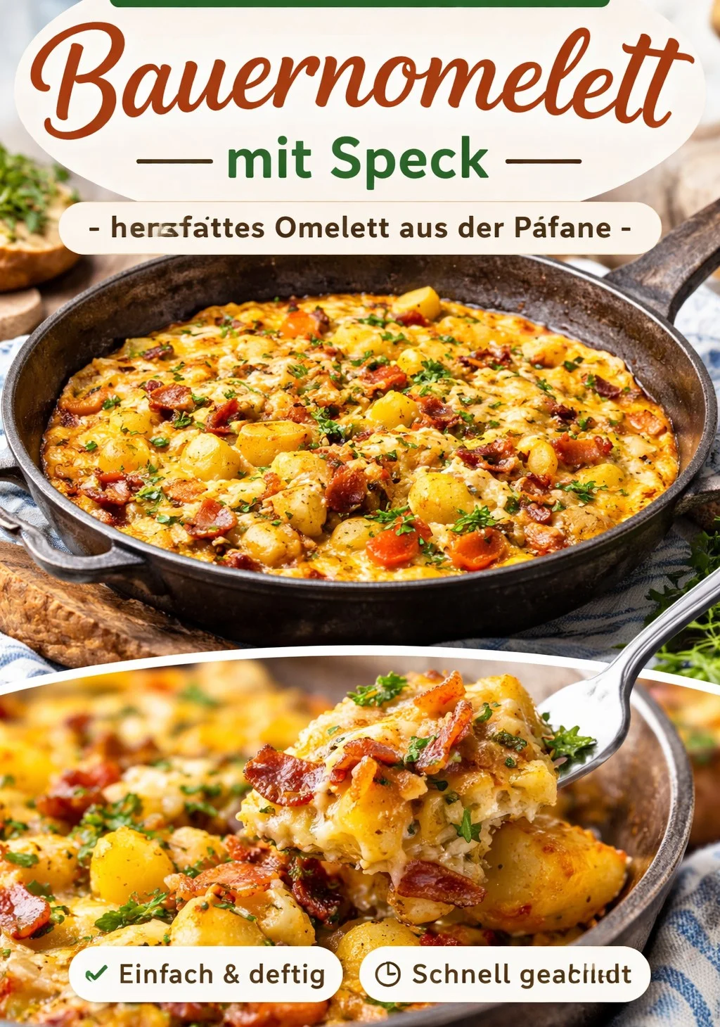 Leckeres Bauernomelett mit Speck auf einem Teller serviert