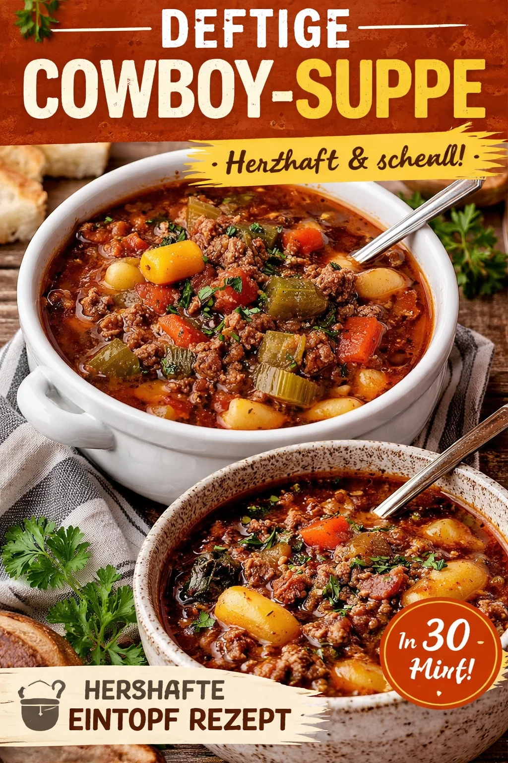 Schüssel mit Cowboy-Suppe, ein herzhaftes und schmackhaftes Rezept