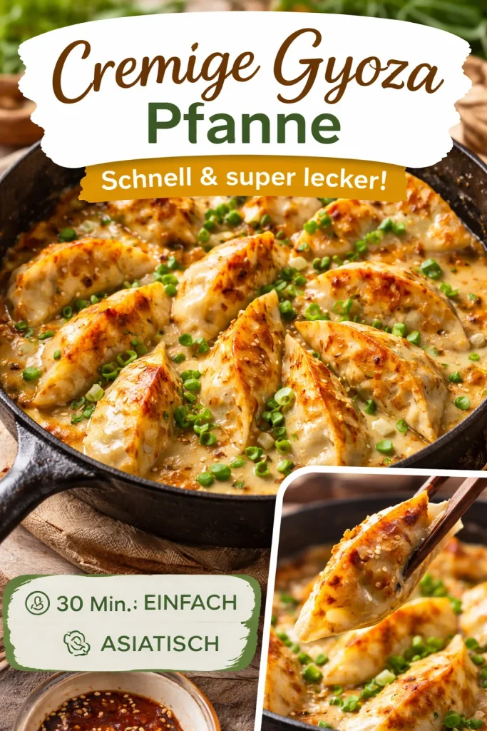 Cremige Gyoza-Pfanne mit gefüllten Teigtaschen und Sauce