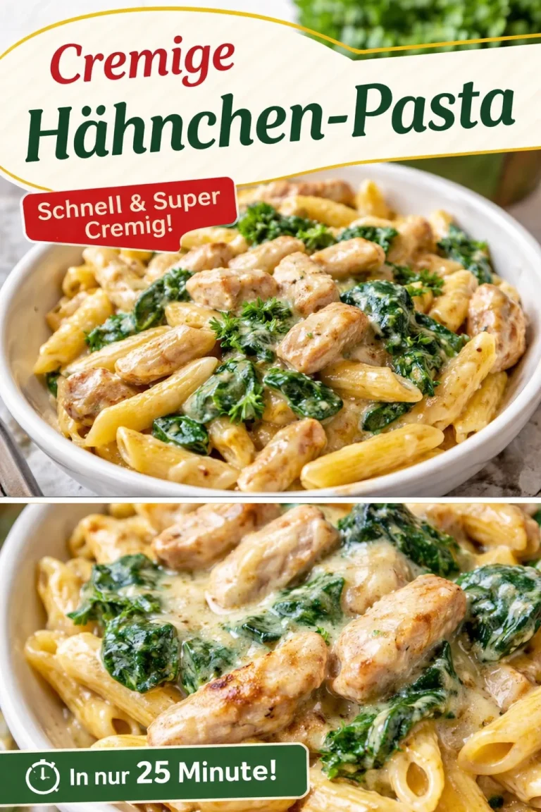 Cremige käsige Hühnerpasta mit frischen Zutaten in einer Schüssel serviert