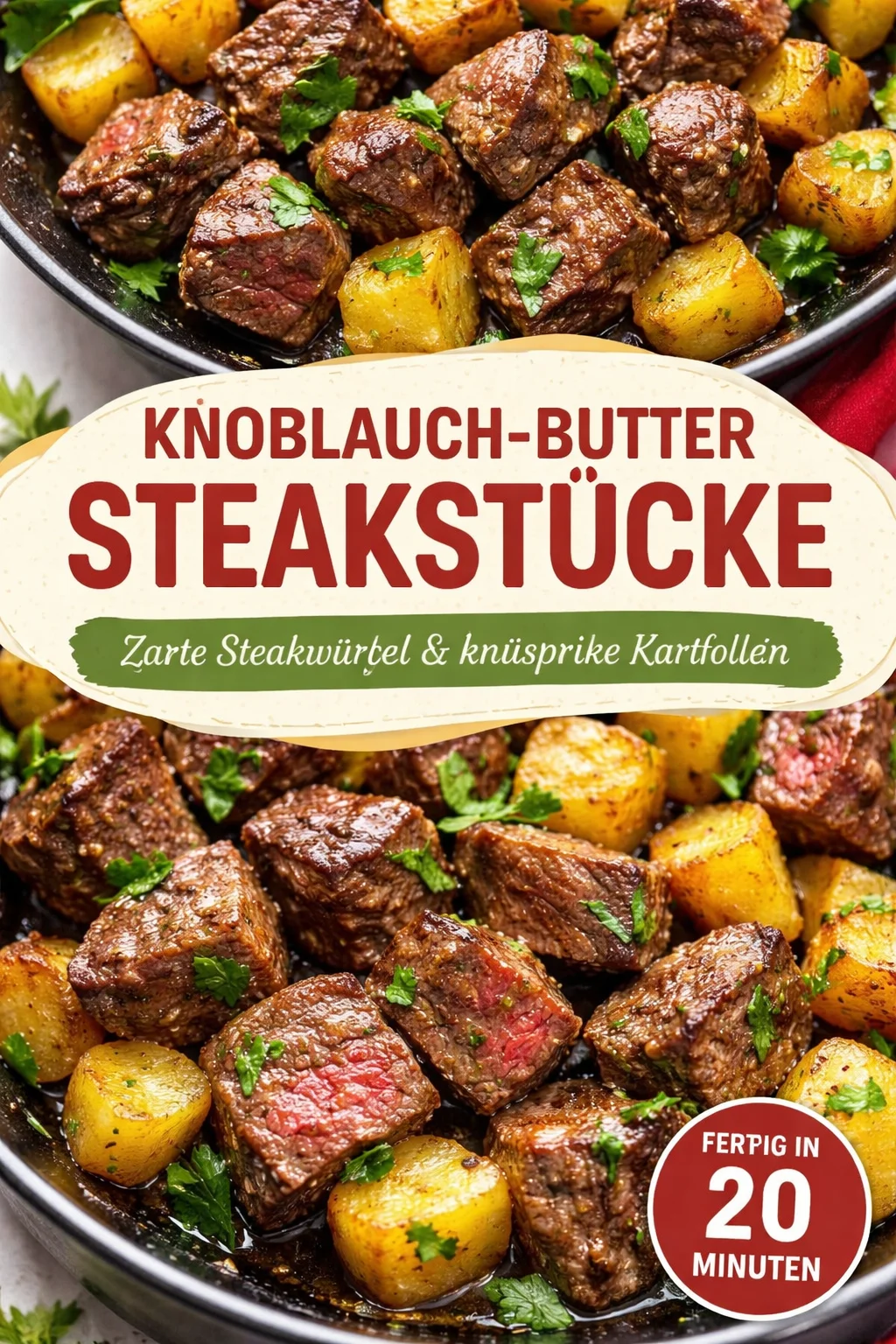 Cremige Knoblauch-Butter-Steakbisse mit goldbraun gebratenen Kartoffeln
