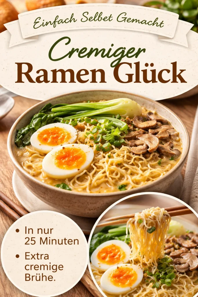 Schale mit cremigen Ramen, garniert mit frischem Gemüse und Kräutern.