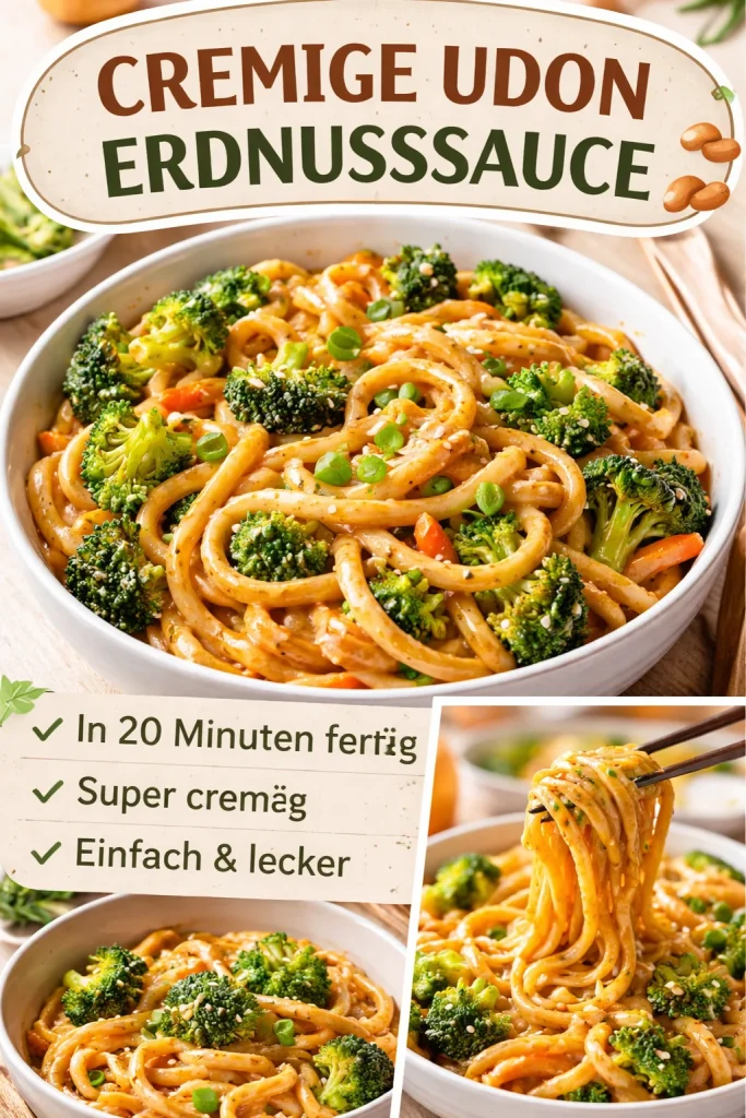 Cremige Udon Nudeln mit Erdnusssauce serviert in einer Schüssel