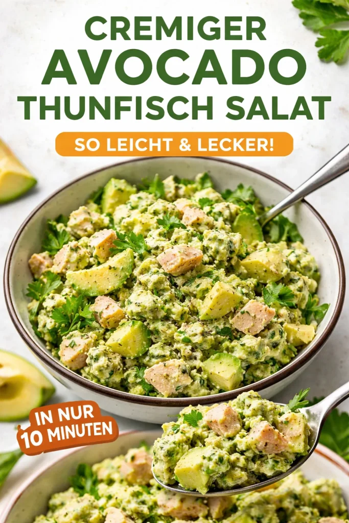 Cremiger Avocado Thunfischsalat auf einem Teller dekoriert mit frischen Kräutern