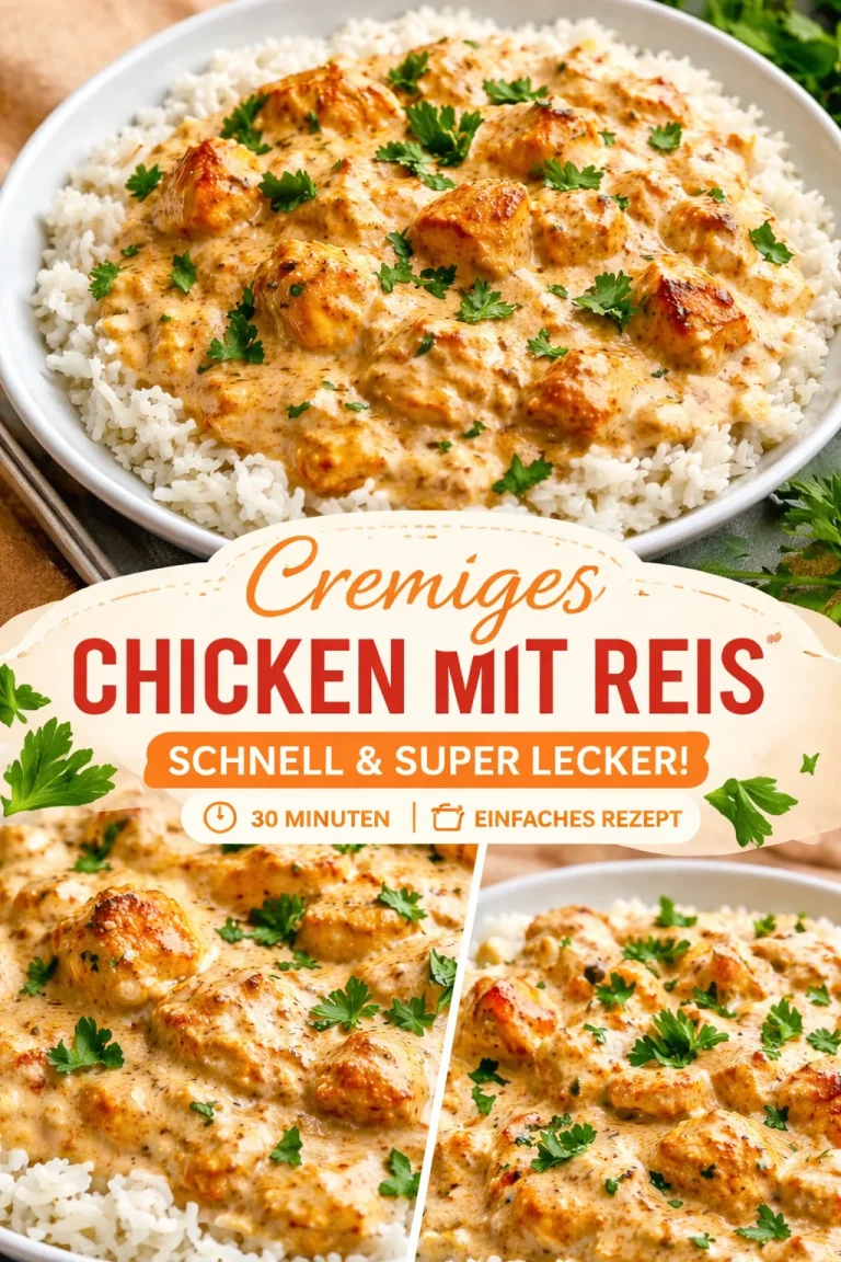 Cremiges Hähnchen und Reis auf einem Teller mit frischen Kräutern garniert