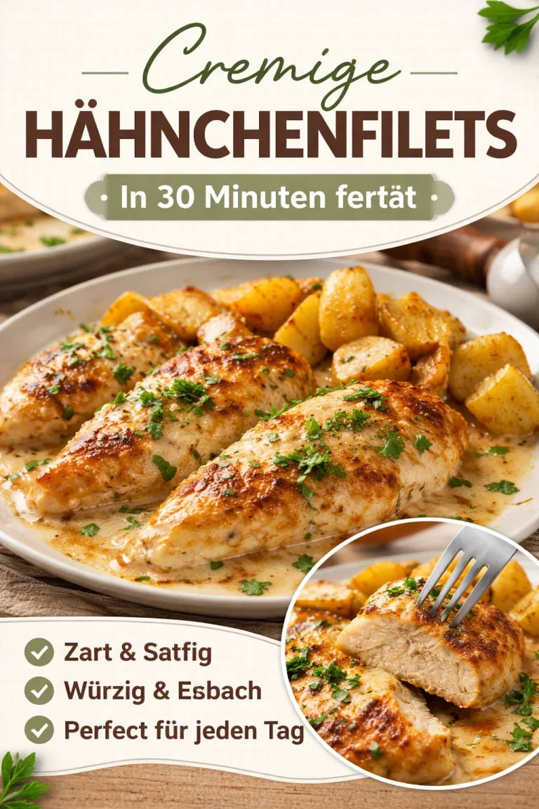 Cremiges Hähnchenfilet in würziger Knoblauch-Parmesan-Sauce garniert