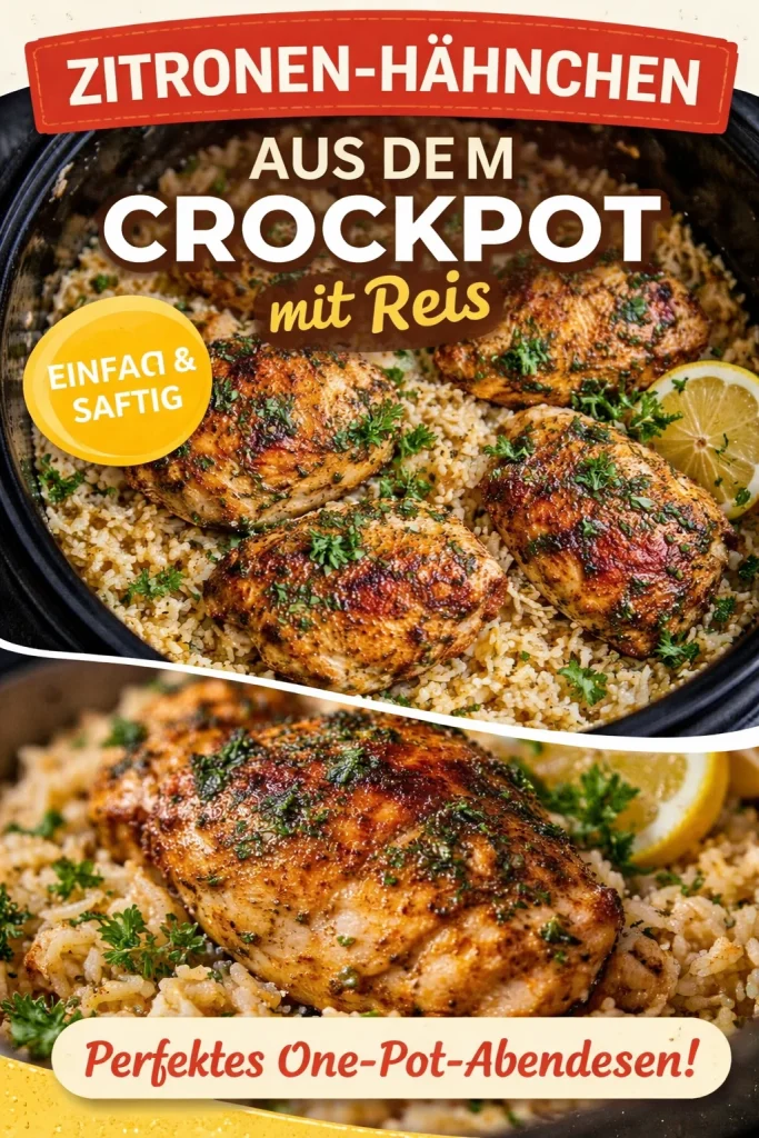 Crock-Pot Zitronen-Hähnchen mit Reis auf einem Teller serviert