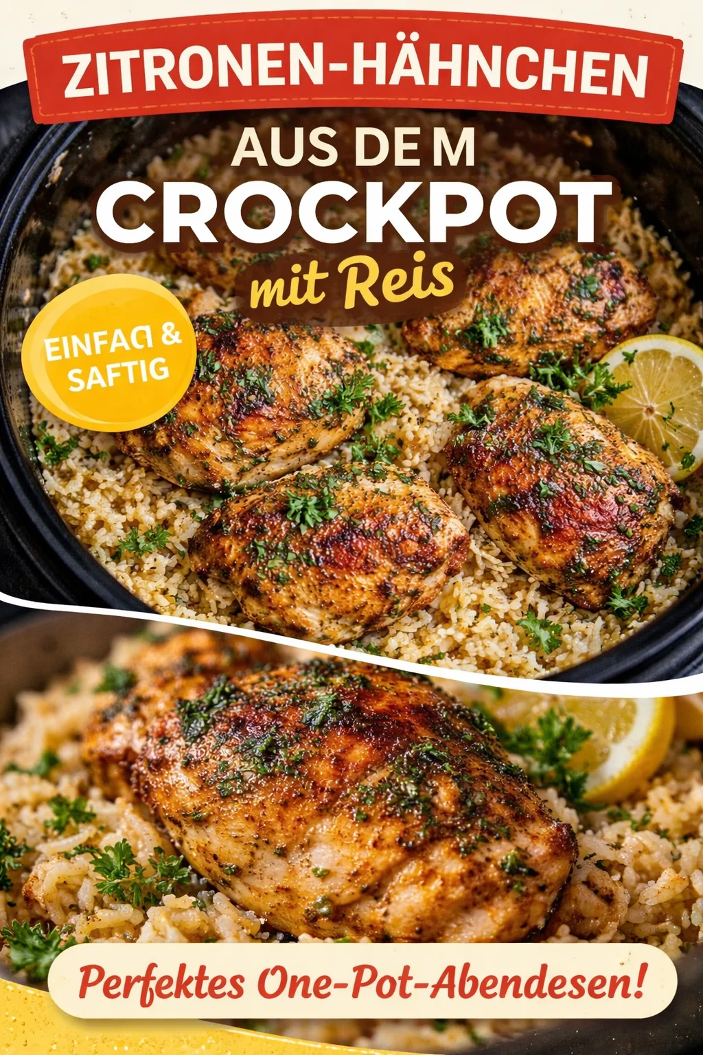 Crock-Pot Zitronen-Hähnchen mit Reis auf einem Teller serviert