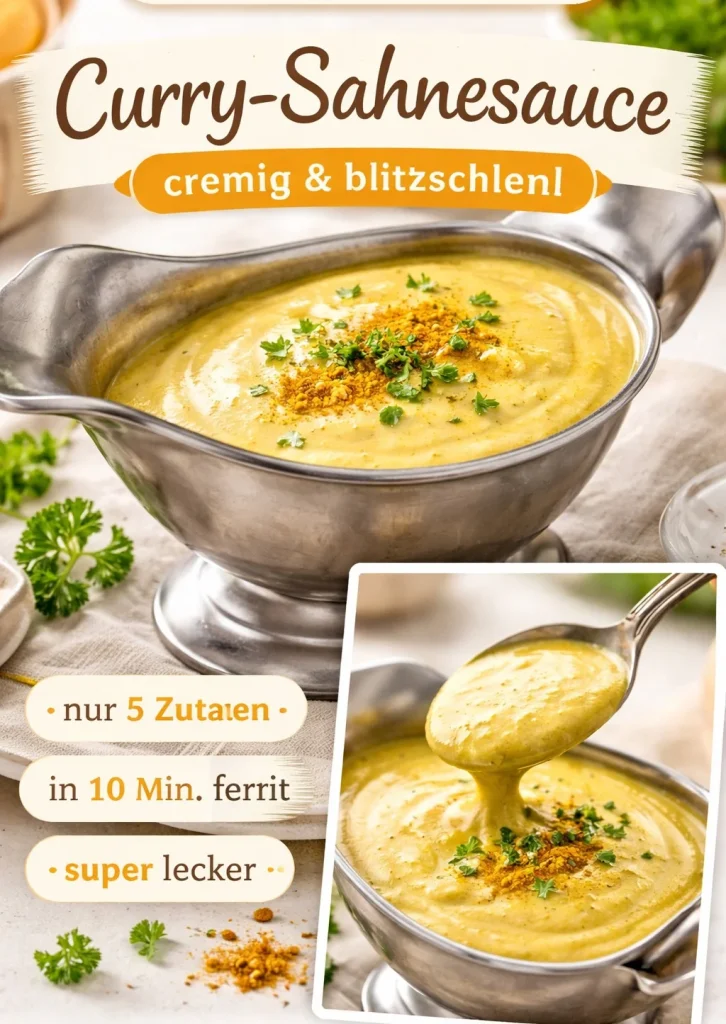 Currysoße mit Frischkäse in einem weißen Schälchen auf einem Holzbrett.