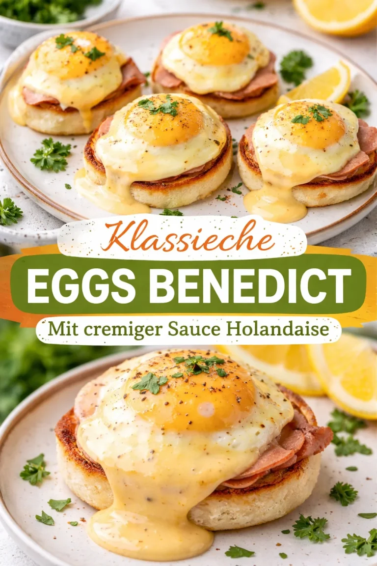 Leckere Eier Benedict mit pochierten Eiern und Sauce Hollandaise auf einem Brötchen.