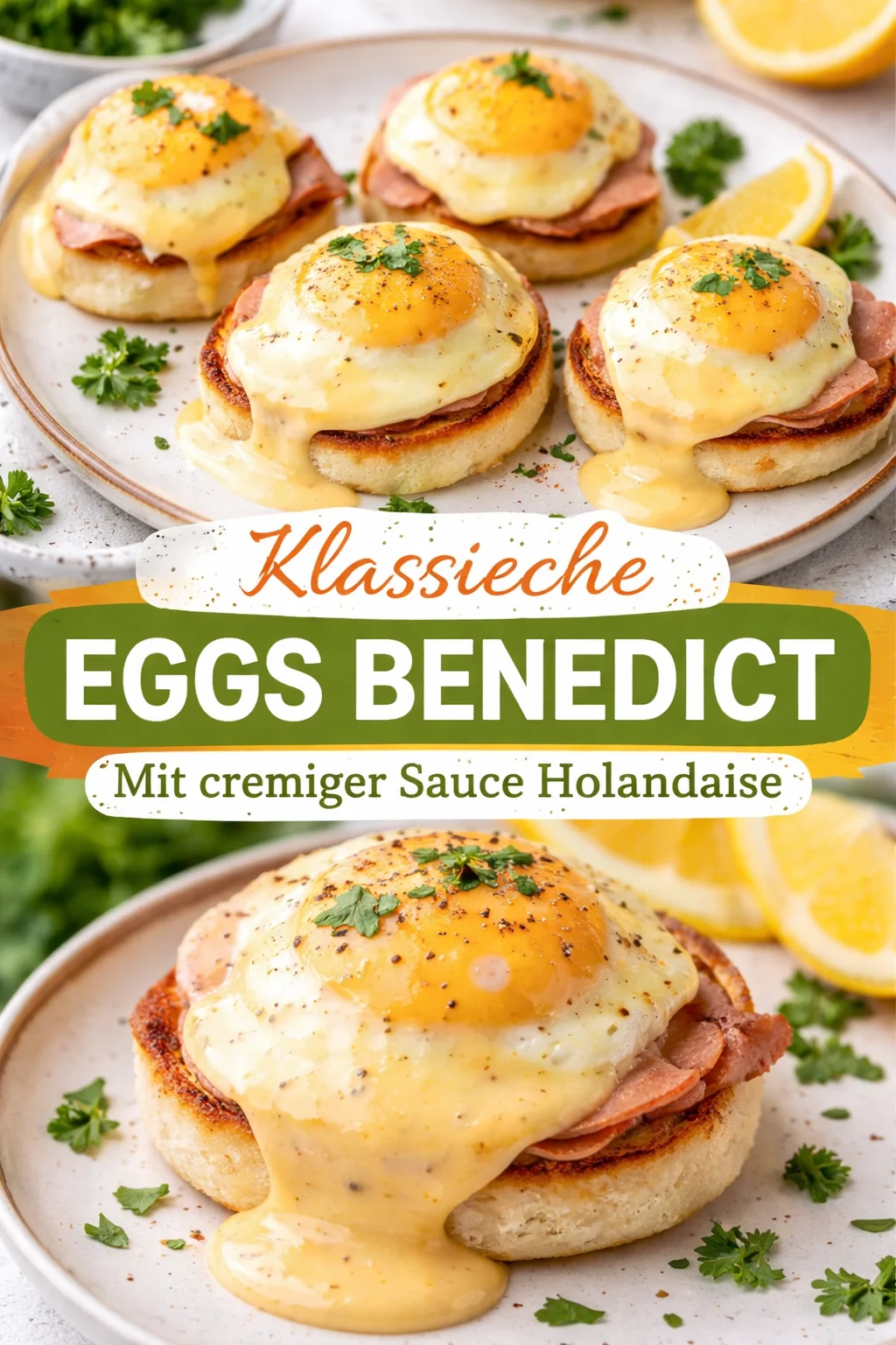 Leckere Eier Benedict mit pochierten Eiern und Sauce Hollandaise auf einem Brötchen.