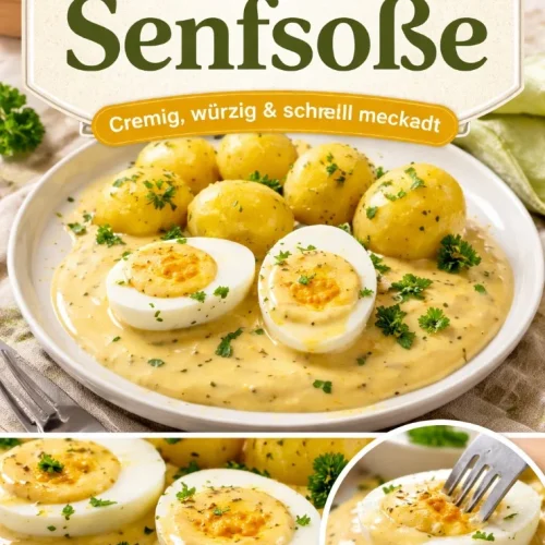 Eier in Senfsoße serviert auf einem Teller mit frischen Kräutern