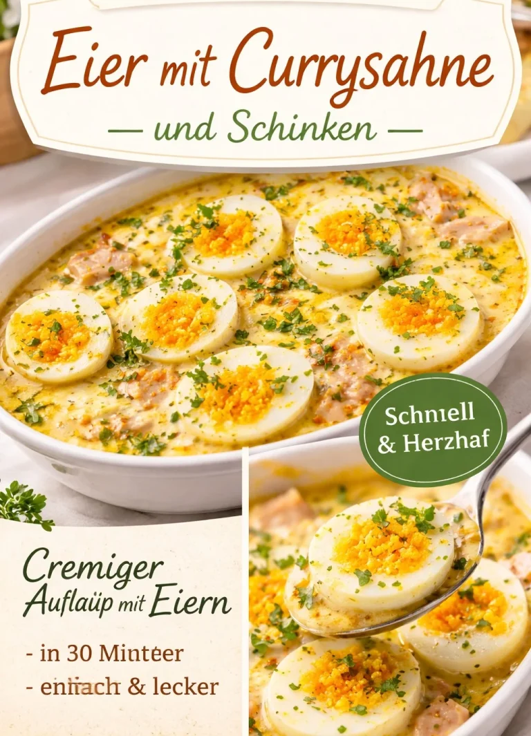 Eier mit Currysahne auf einem Teller serviert, garniert mit frischen Kräutern.