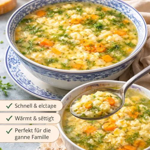 Traditionelle Eierflockensuppe nach DDR-Rezept mit Zutaten und Zubereitung.