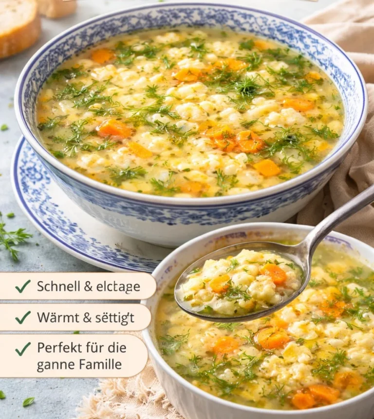 Traditionelle Eierflockensuppe nach DDR-Rezept mit Zutaten und Zubereitung.