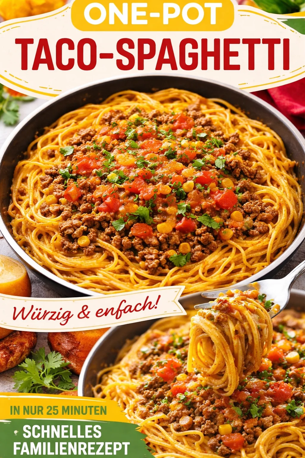 Ein-Topf-Taco-Spaghetti mit frischen Zutaten und einer köstlichen Soße