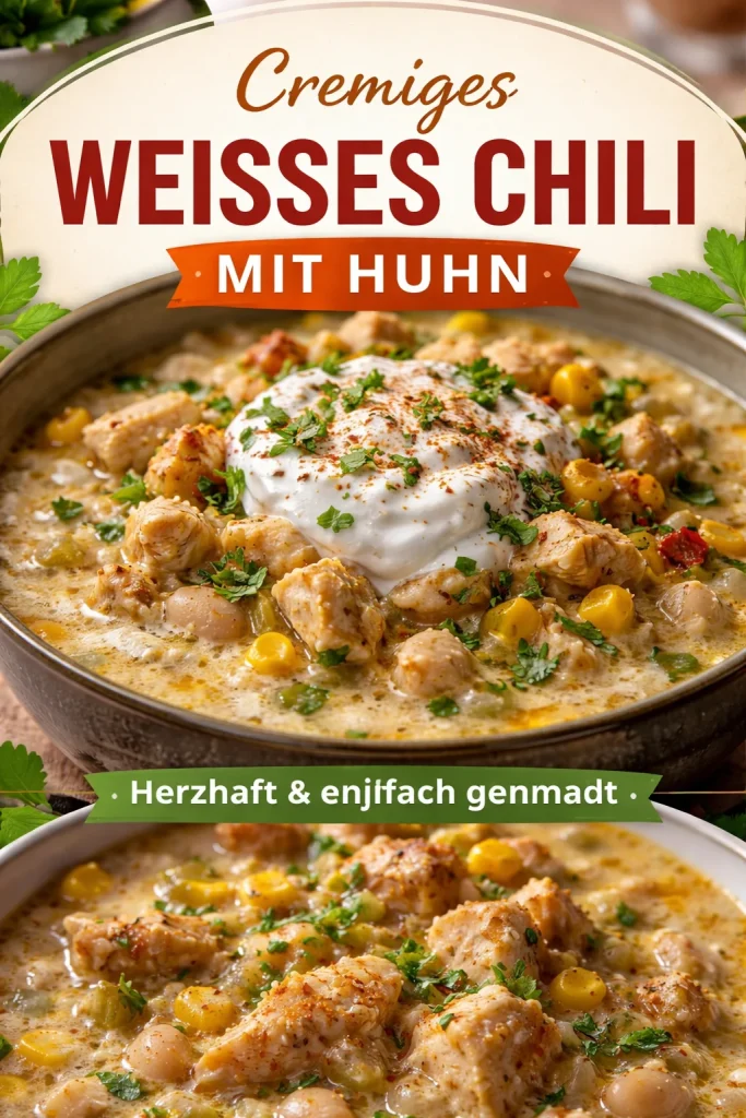 Schüssel mit einfachem weißen Hühner-Chili, garniert mit frischen Kräutern.