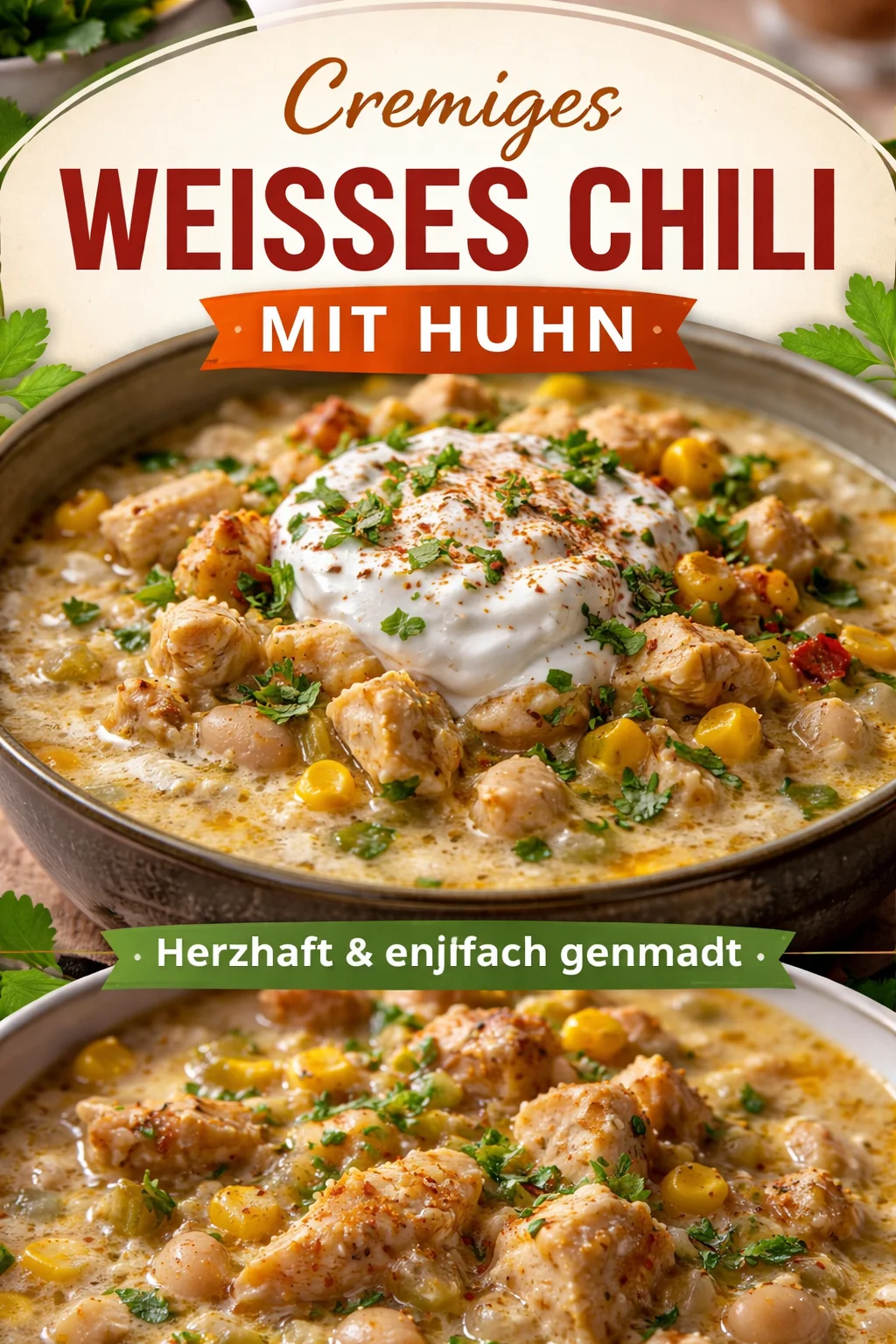 Schüssel mit einfachem weißen Hühner-Chili, garniert mit frischen Kräutern.