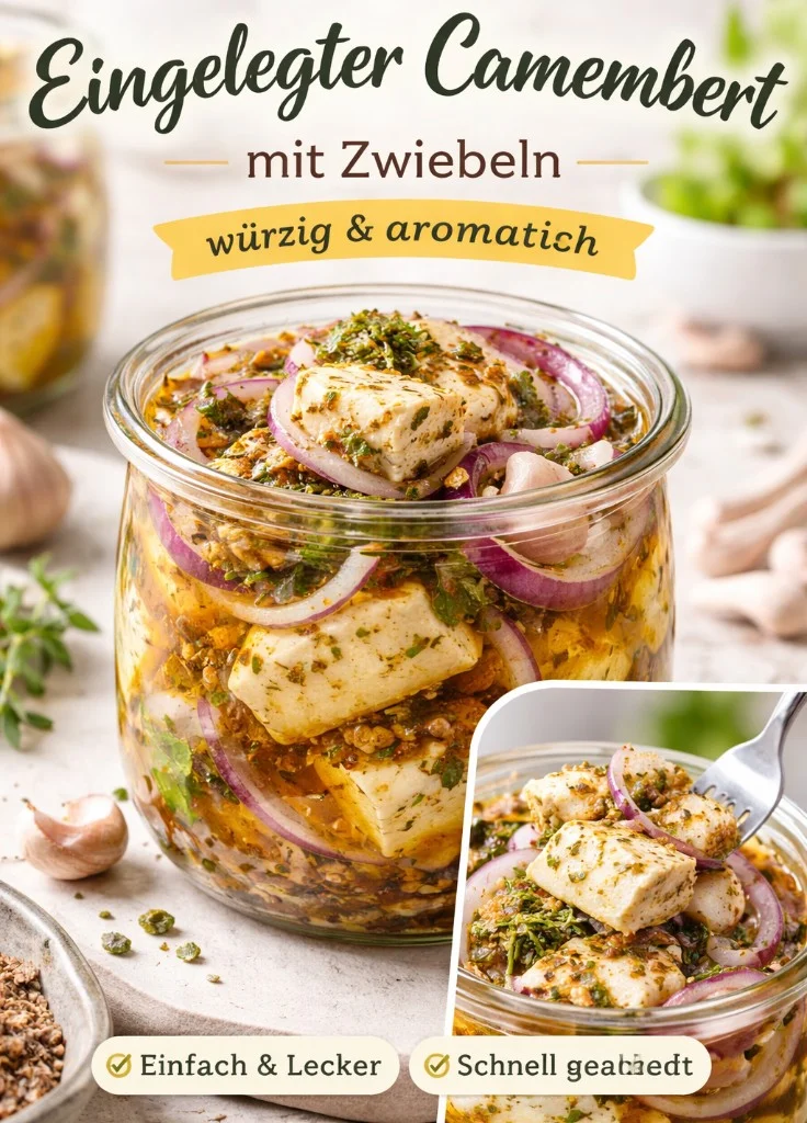 Eingelegter Camembert in einem Glas mit Kräutern und Gewürzen