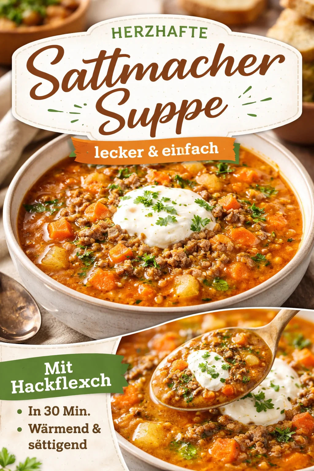 Schüssel mit Friss Dich Dumm Suppe, einem köstlichen und nahrhaften Gericht.
