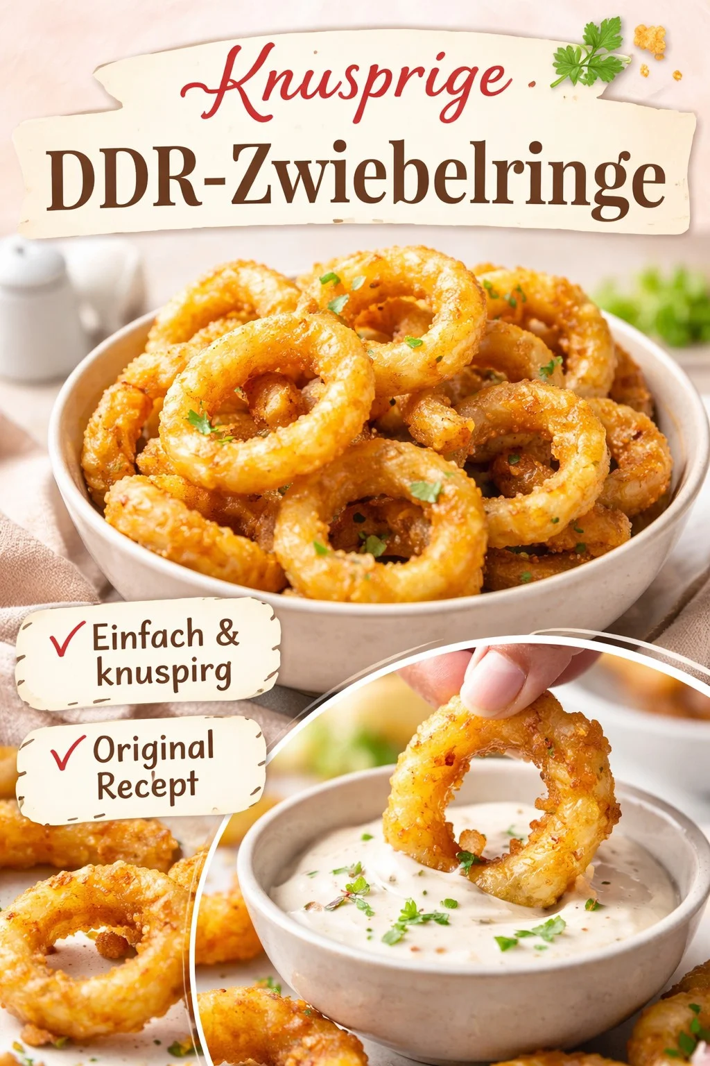 Gebratene Zwiebelringe frisch aus der Pfanne, goldbraun und knusprig