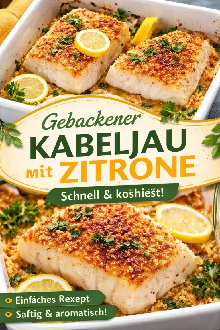Gebratener Kabeljau mit Zitrone auf einem Teller, garniert mit frischen Kräutern.