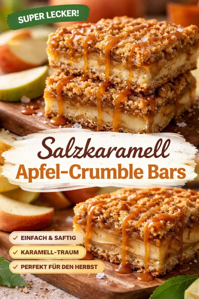 Gesalzene Karamell-Apfel-Crumble-Riegel mit frischen Äpfeln und Karamellsoße