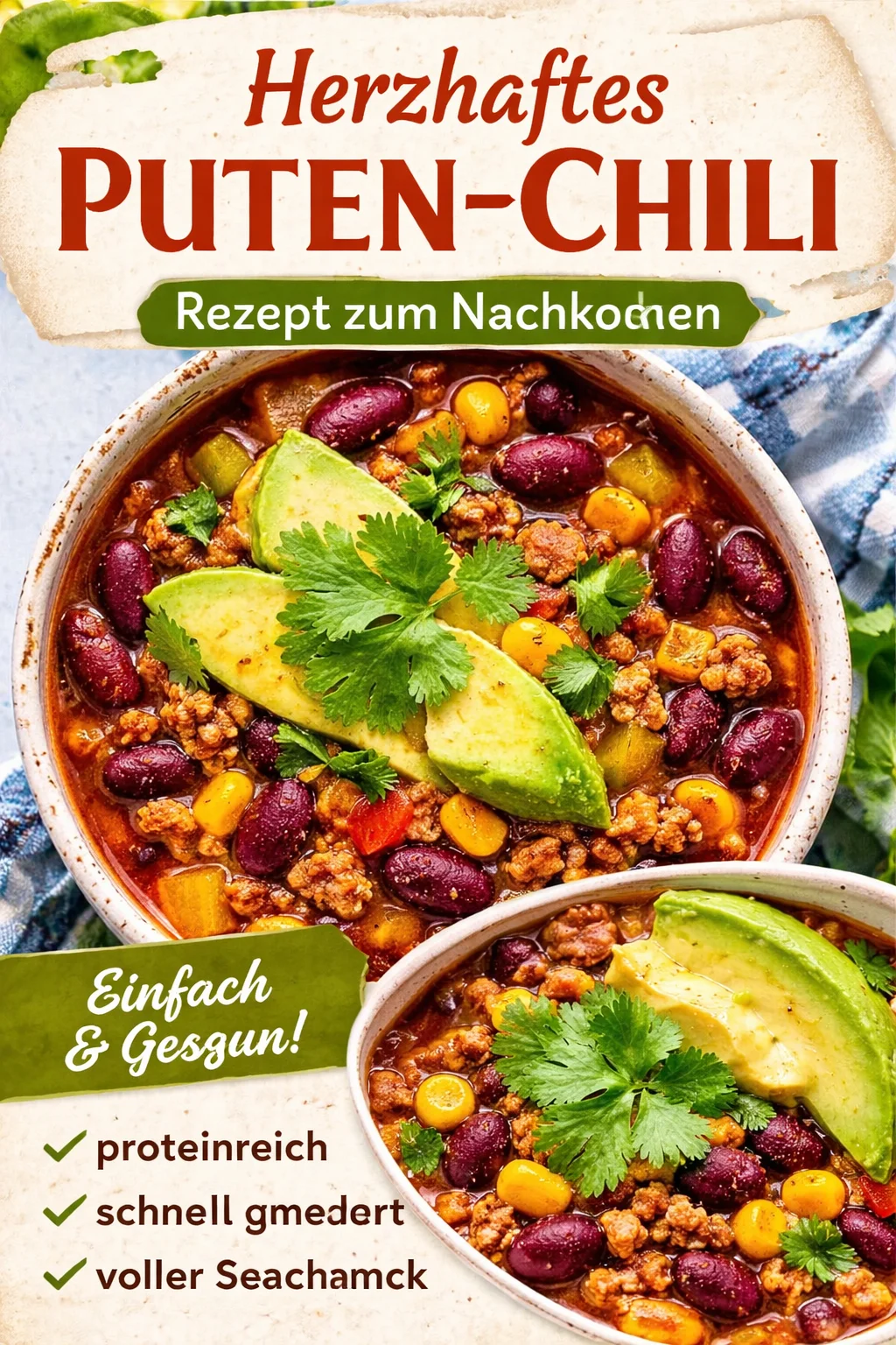 Schüssel mit gesundem Truthahn-Chili, reich an Nährstoffen und Geschmack.