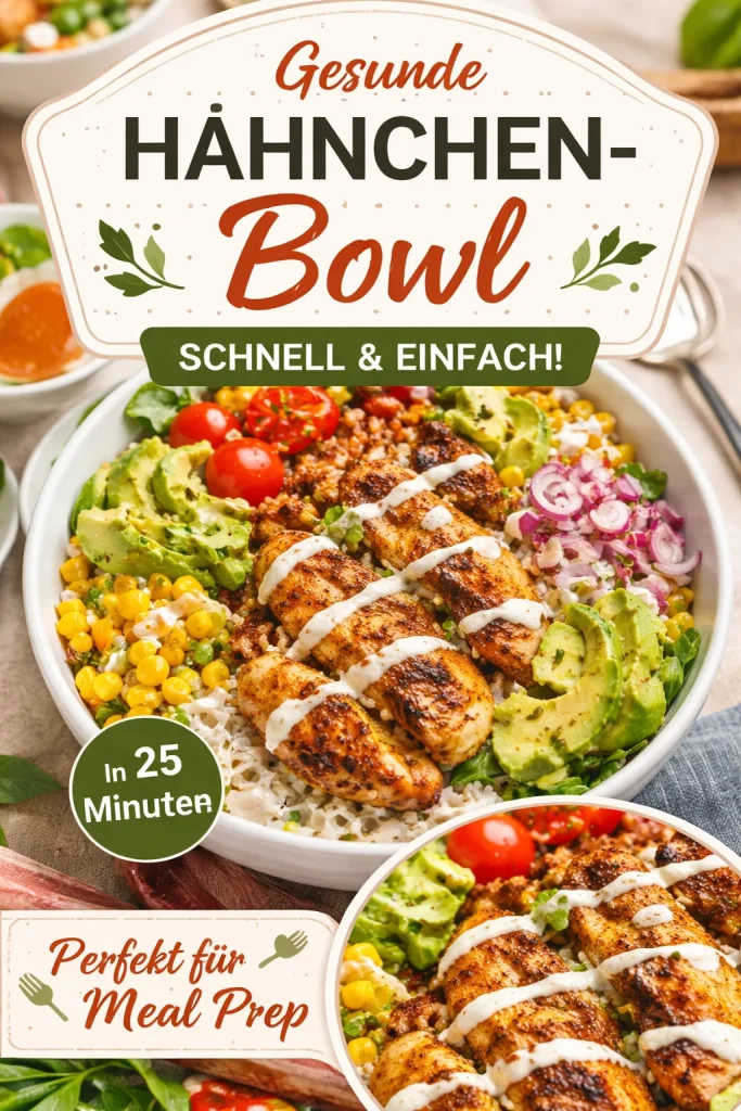 Griechische Hähnchen Bowl mit frischem Gemüse und Dressing
