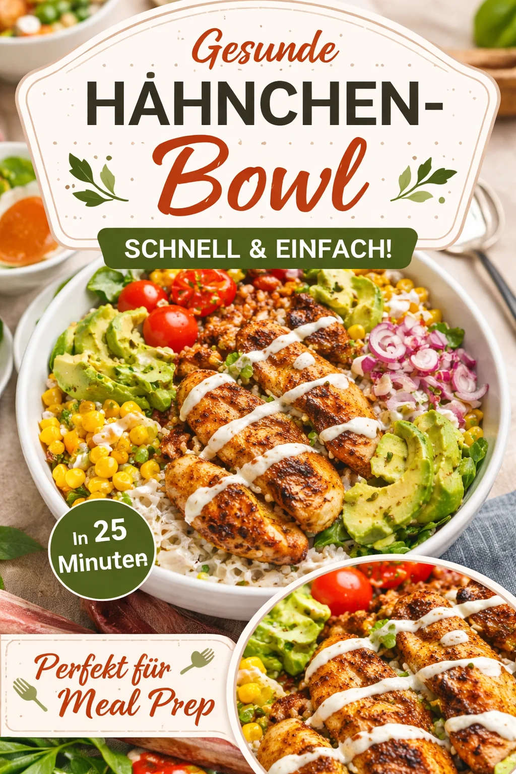 Griechische Hähnchen Bowl mit frischem Gemüse und Dressing