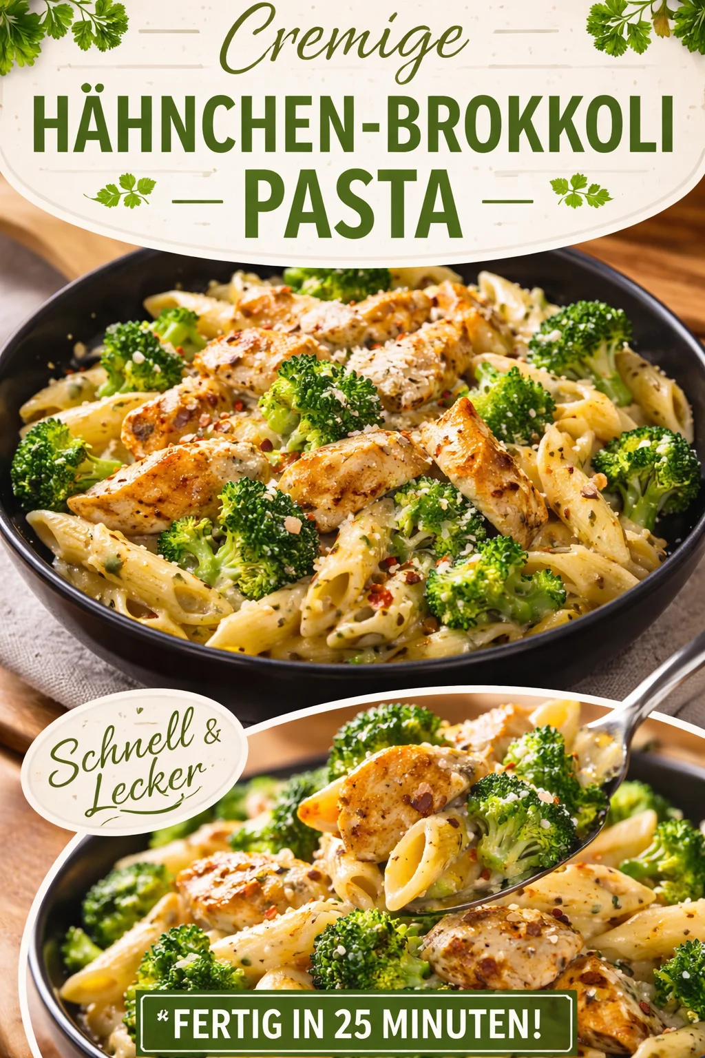 Hähnchen-Brokkoli-Pasta auf einem Teller angerichtet