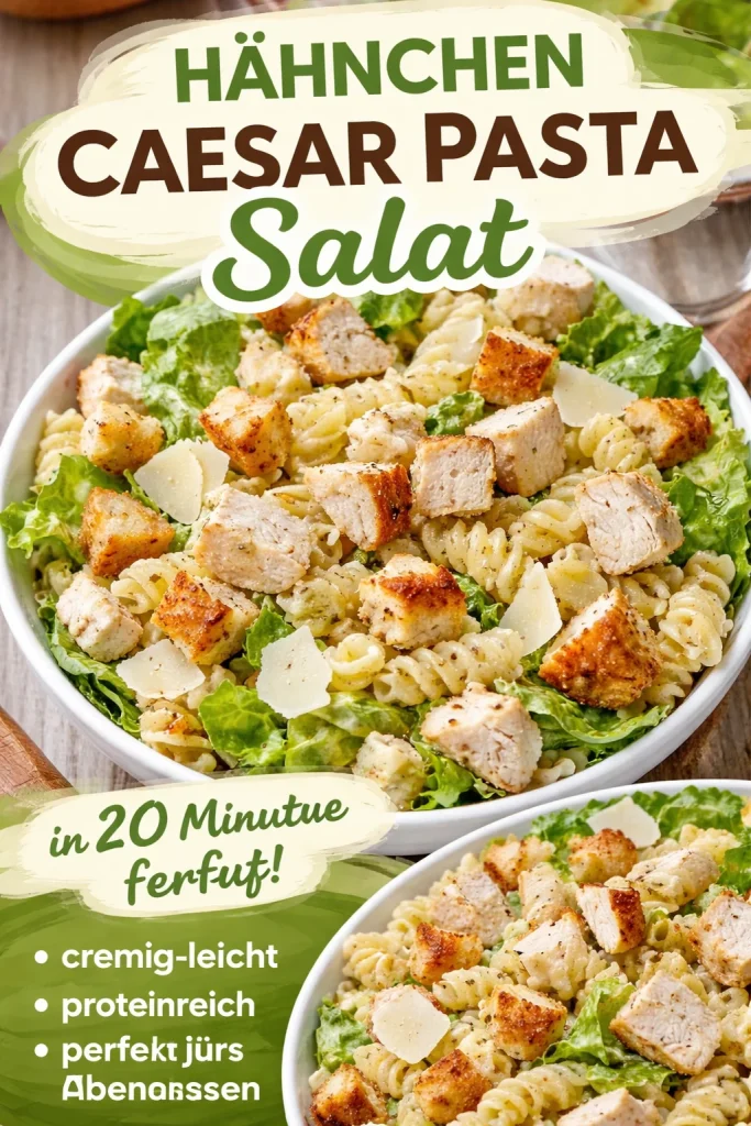 Hähnchen Caesar Pasta Salat mit frischen Zutaten und leckerem Dressing