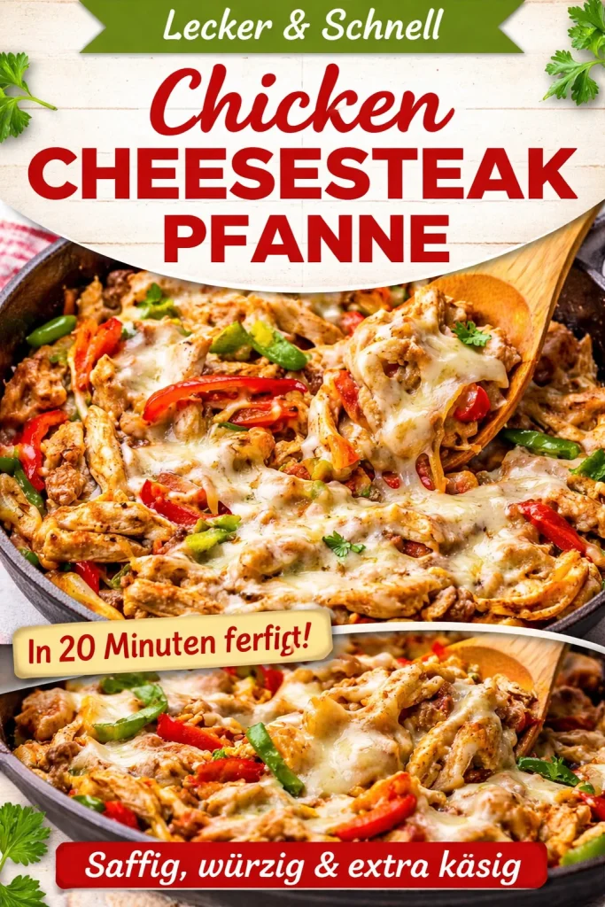 Leckere Hähnchen-Cheesesteak-Pfanne mit geschmolzenem Käse und frischen Zutaten.