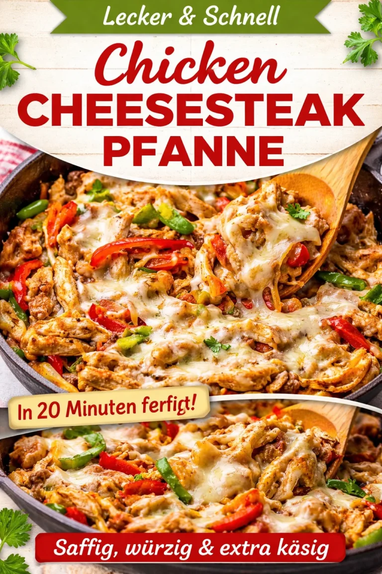Leckere Hähnchen-Cheesesteak-Pfanne mit geschmolzenem Käse und frischen Zutaten.