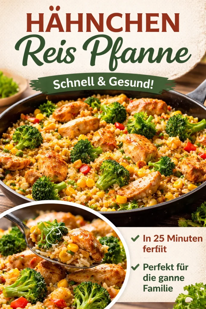 Leckere Hähnchen-Reis-Pfanne mit Gemüse und Gewürzen zubereitet.