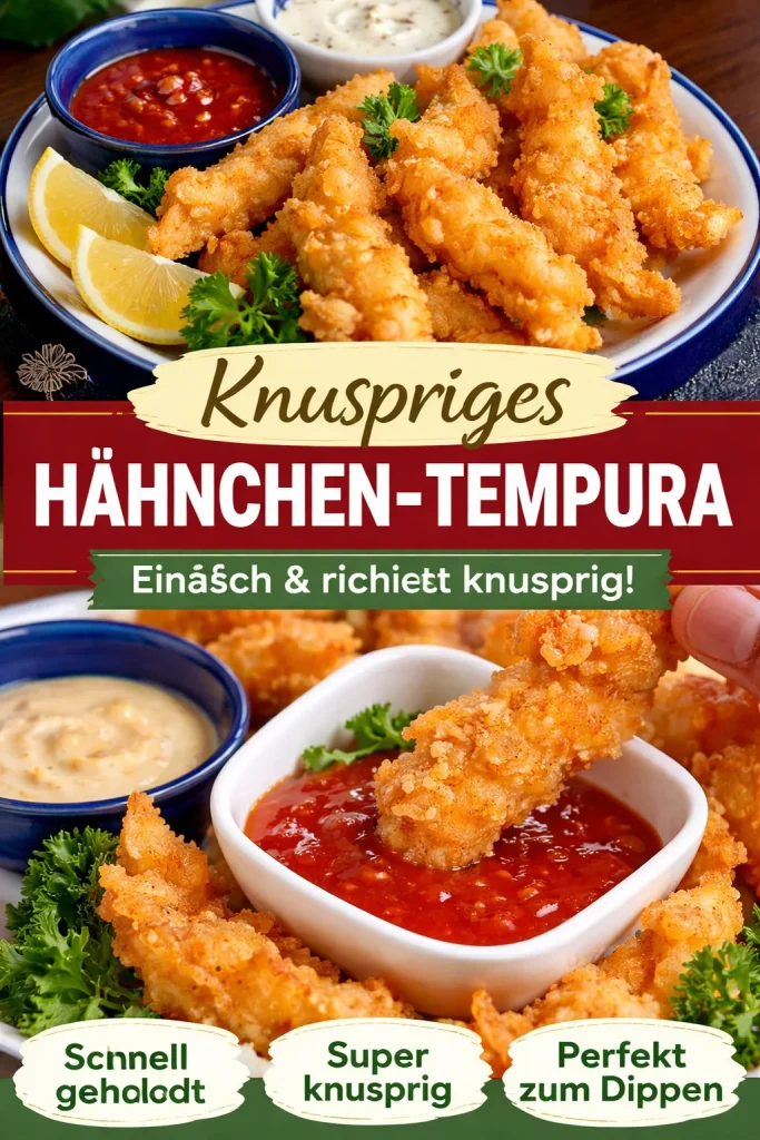 Hähnchen-Tempura serviert mit Dip und frischem Gemüse.