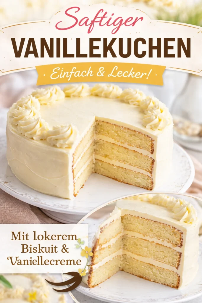Hausgemachter Vanillekuchen auf einem Teller, verziert mit Puderzucker.