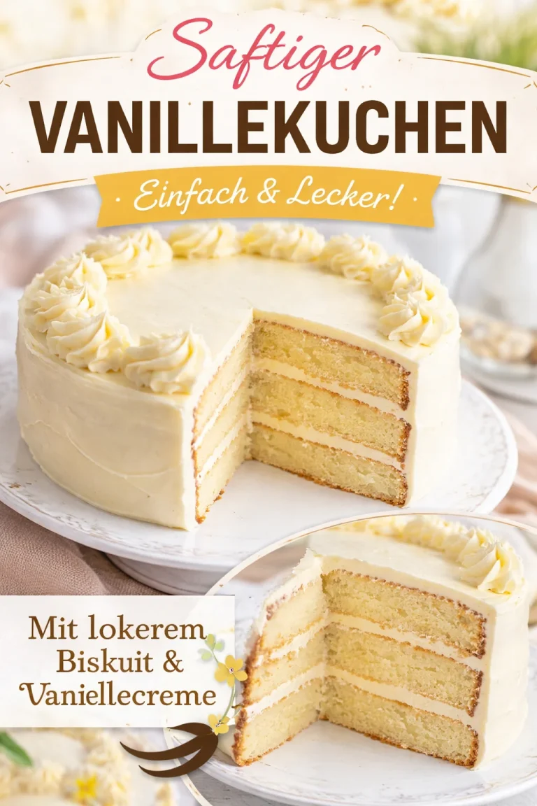 Hausgemachter Vanillekuchen auf einem Teller, verziert mit Puderzucker.