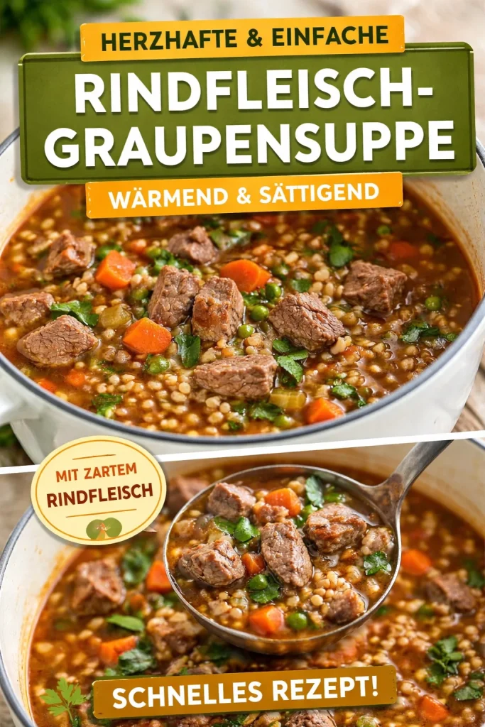 Herzhafter Rindfleisch-Gerste-Eintopf auf einem Teller serviert